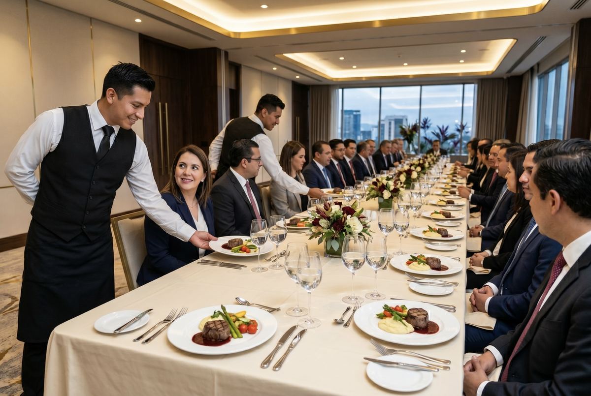 Almuerzo corporativo servido en mesa imperial con servicio de meseros