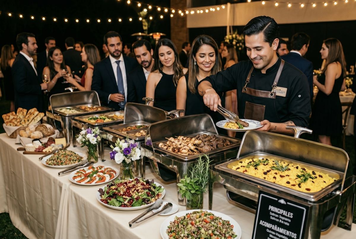 Estación de buffet con platos principales y acompañamientos rotulados