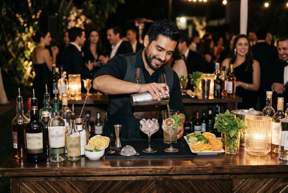 Bartender preparando cócteles en una barra de coctelería profesional