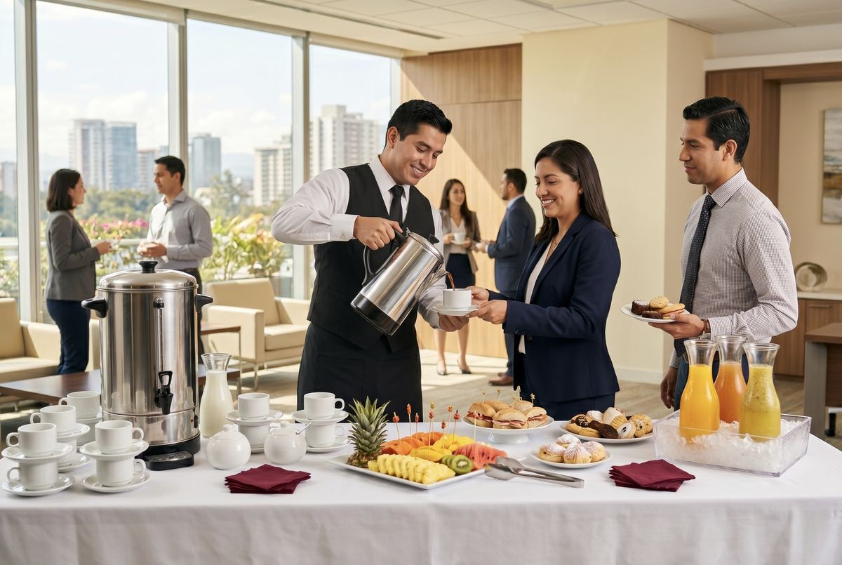 Coffee break corporativo con percoladora de café, bocadillos y frescos naturales