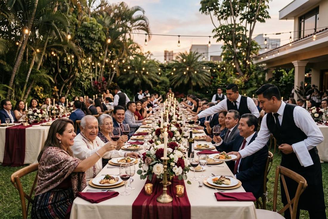 Cena de evento social al aire libre con mesa larga iluminada y servicio de meseros